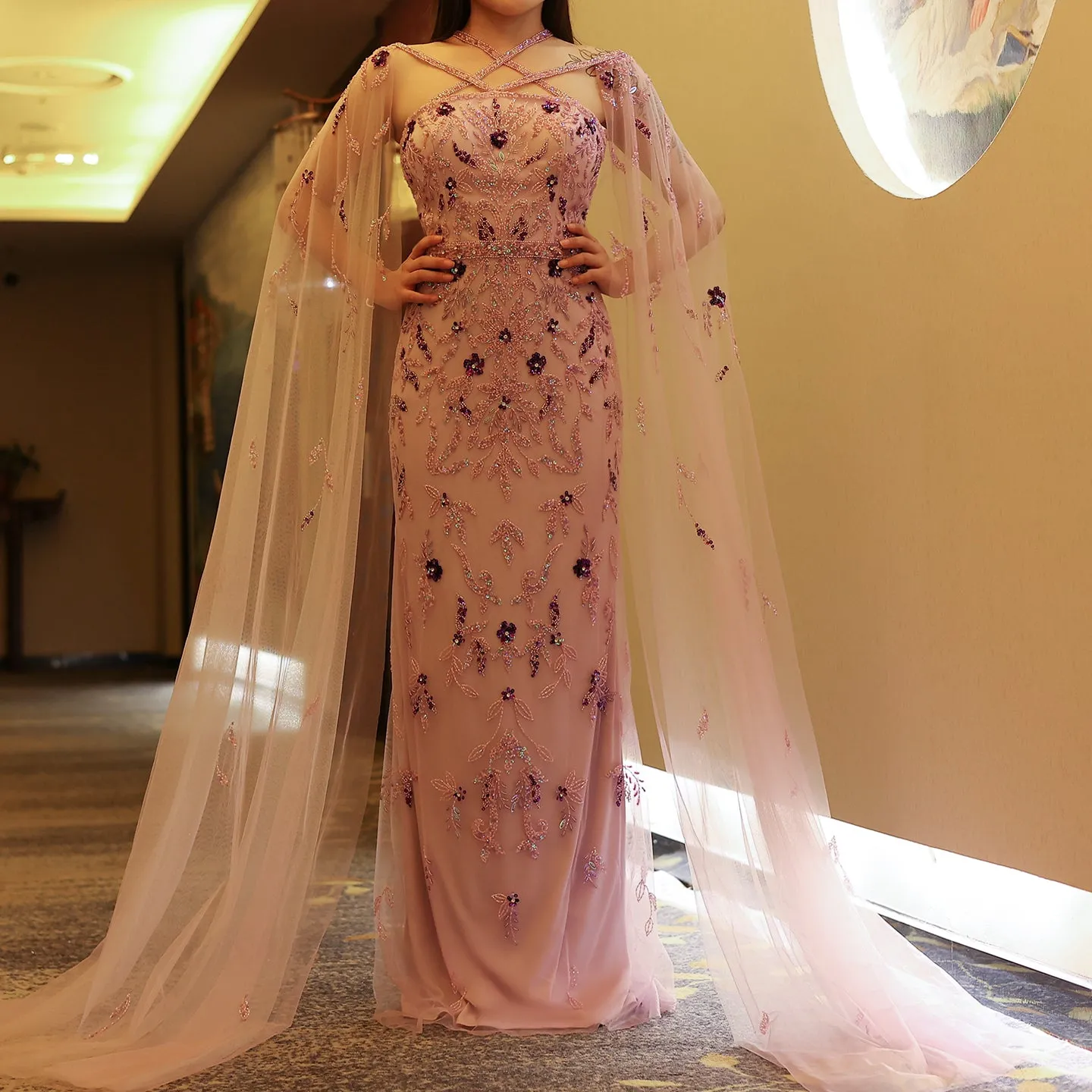 Luxury Lilac Criss Cross Evening Dress with Cape Sleeves SS370