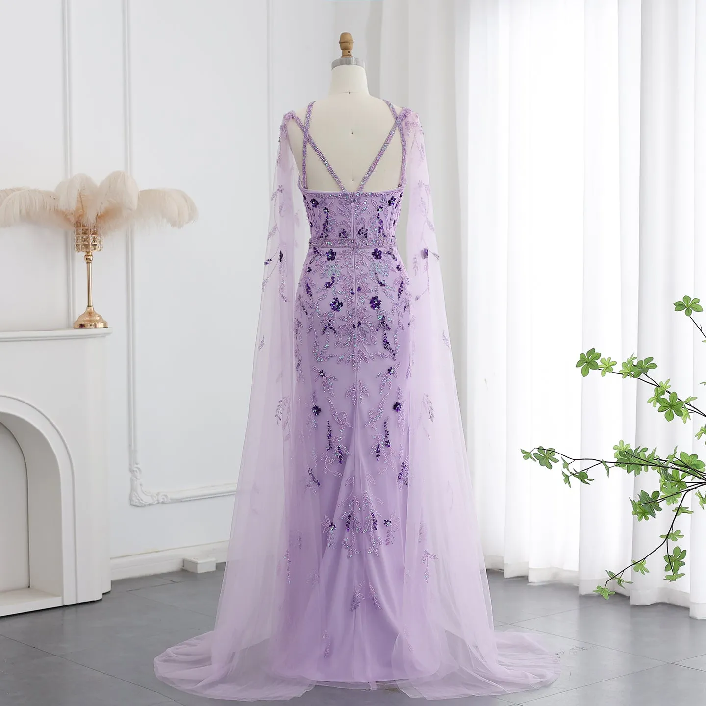 Luxury Lilac Criss Cross Evening Dress with Cape Sleeves SS370