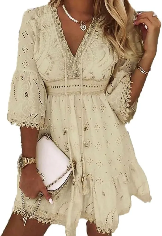 Melliflo Womens Fringe Ruffle Boho Floral Lace V Neck Flowy A Line Dresses Casual Loose Summer 3/4 Sleeve Eyelet Beach Dress