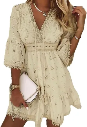 Melliflo Womens Fringe Ruffle Boho Floral Lace V Neck Flowy A Line Dresses Casual Loose Summer 3/4 Sleeve Eyelet Beach Dress