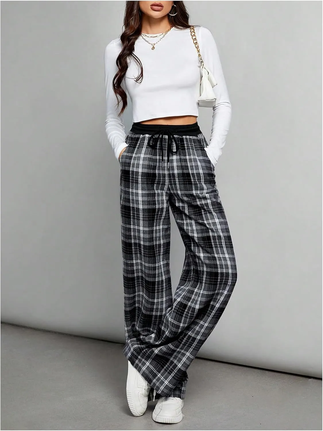 Milumia Women's Plaid Wide Leg Pants Drawstring High Waist Soft Knit Pants with Pocket