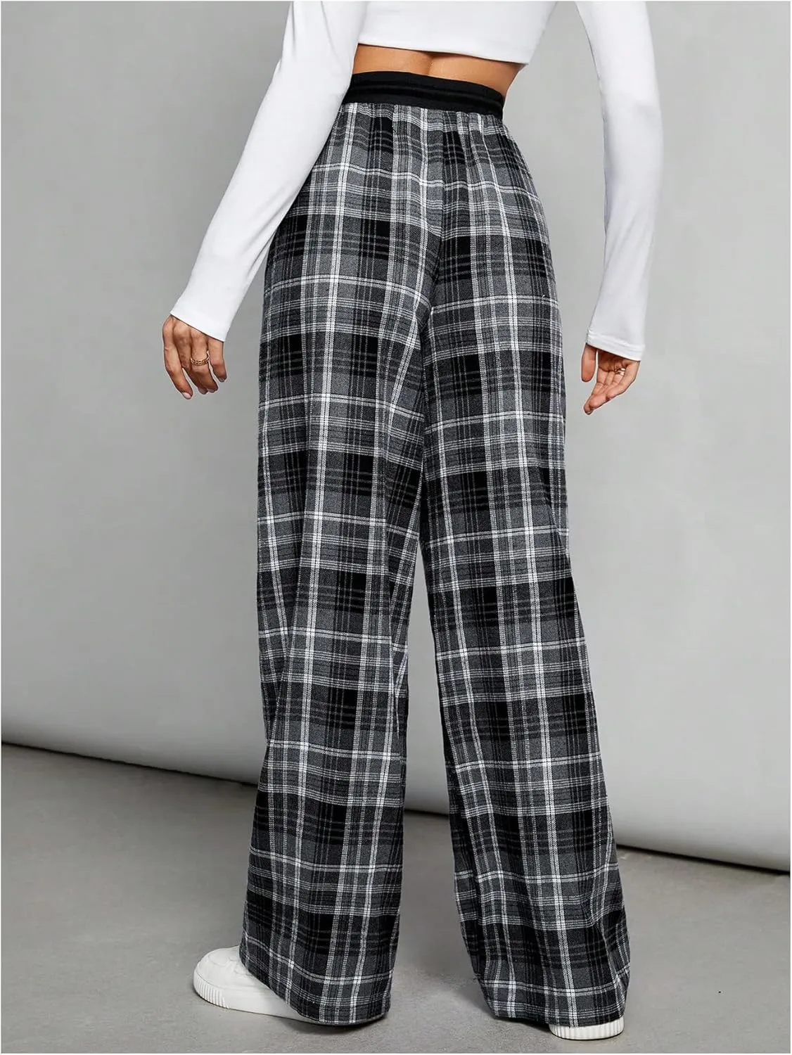 Milumia Women's Plaid Wide Leg Pants Drawstring High Waist Soft Knit Pants with Pocket