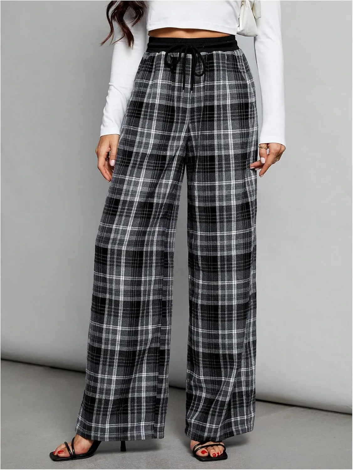 Milumia Women's Plaid Wide Leg Pants Drawstring High Waist Soft Knit Pants with Pocket