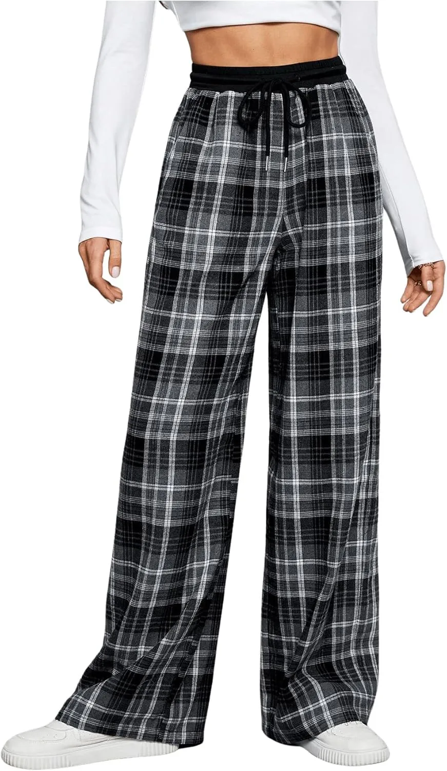 Milumia Women's Plaid Wide Leg Pants Drawstring High Waist Soft Knit Pants with Pocket