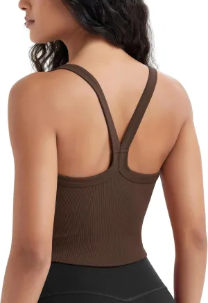 ODODOS Women's Seamless Crop Cami Wide Scoop Neck Ribbed Soft Open Racerback Cropped Tank