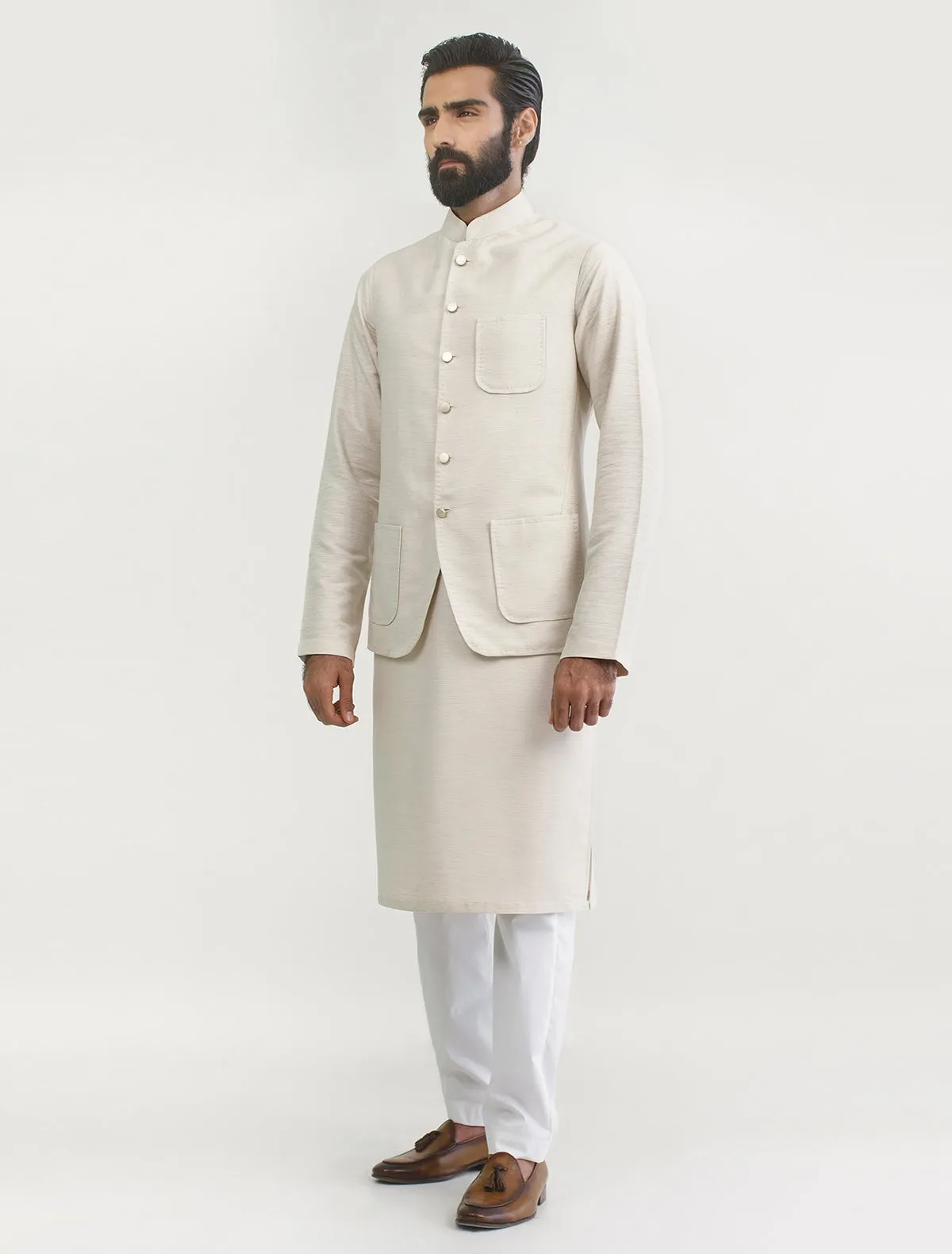 OFF WHITE KARANDI WAISTCOAT WITH HAND STITCHED PATCH POCKETS