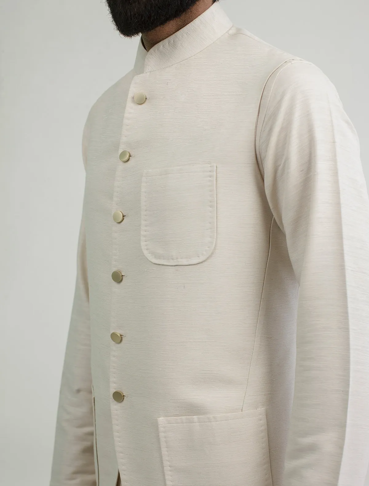 OFF WHITE KARANDI WAISTCOAT WITH HAND STITCHED PATCH POCKETS