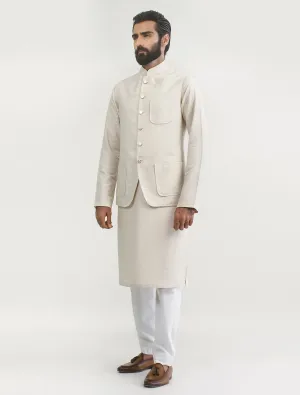 OFF WHITE KARANDI WAISTCOAT WITH HAND STITCHED PATCH POCKETS