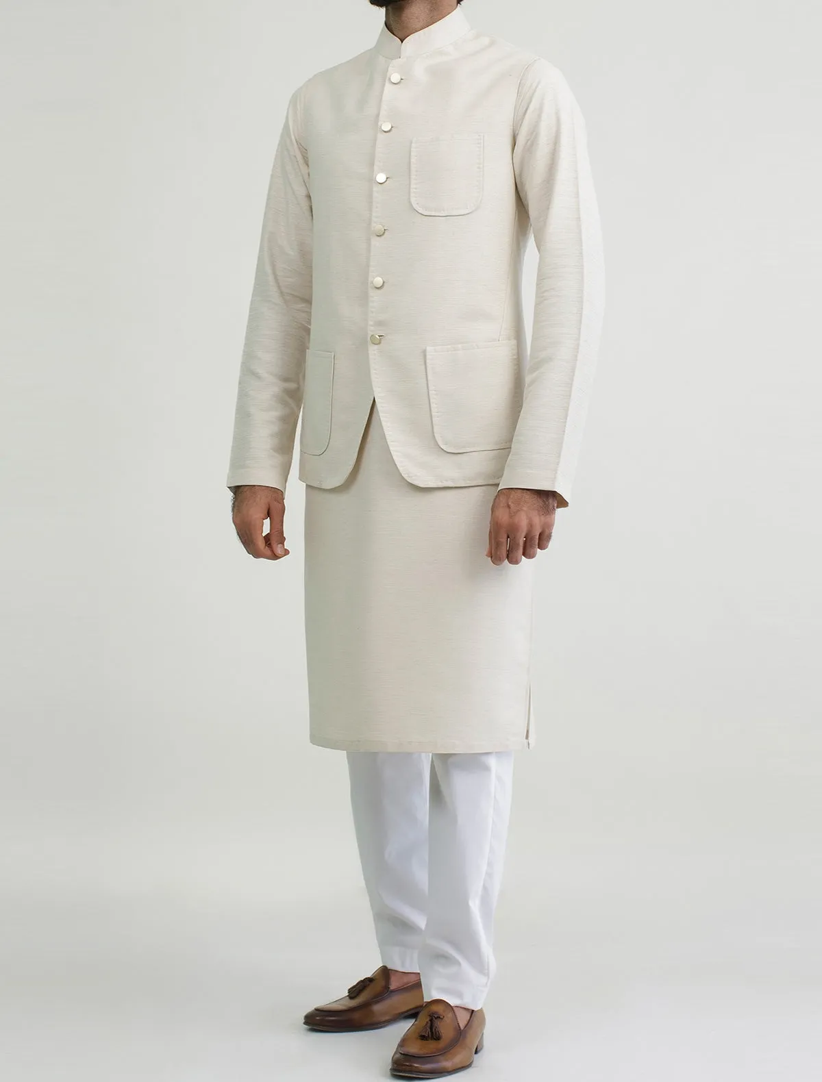 OFF WHITE KARANDI WAISTCOAT WITH HAND STITCHED PATCH POCKETS