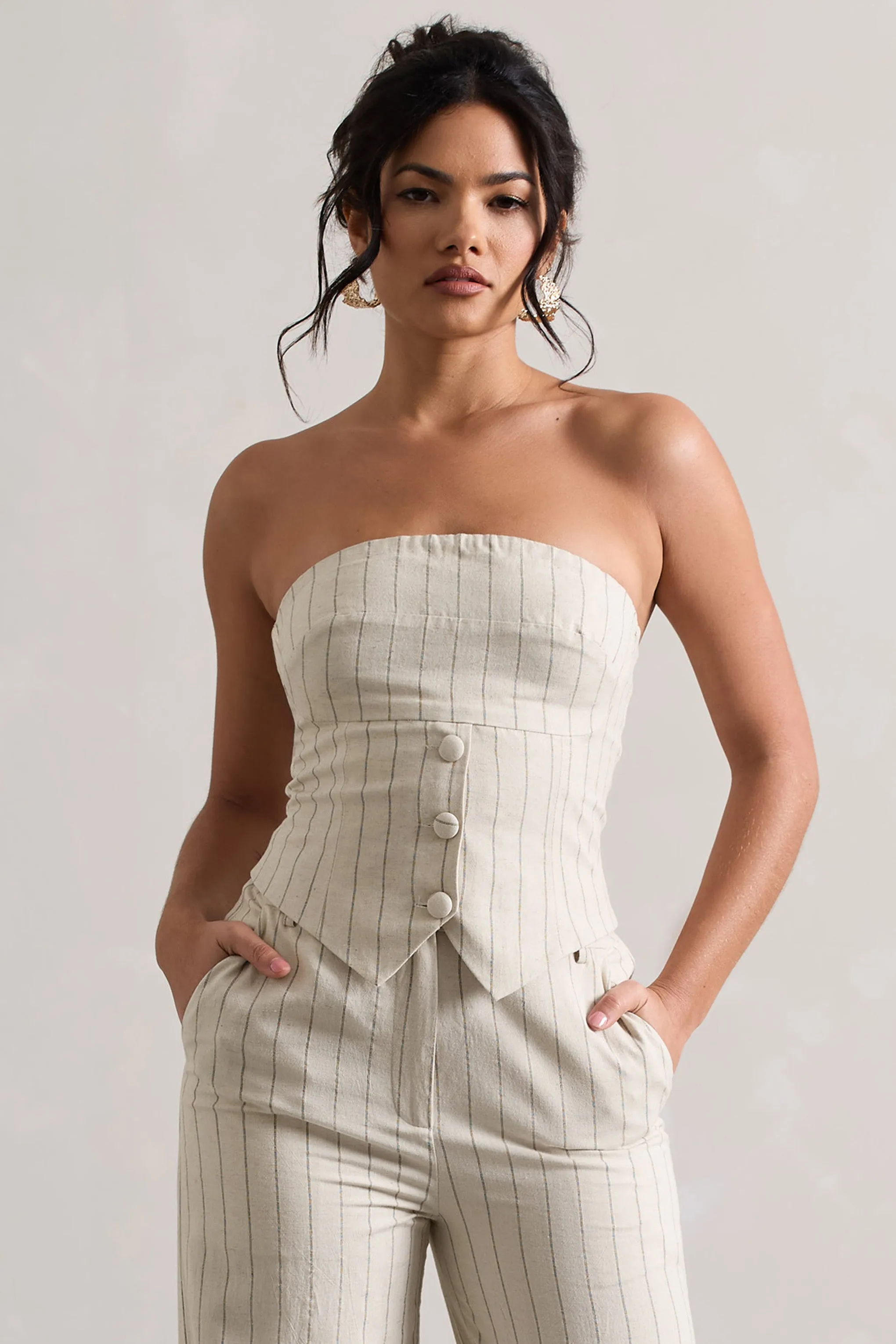 On Time | Beige Pinstripe Tailored Bandeau Top