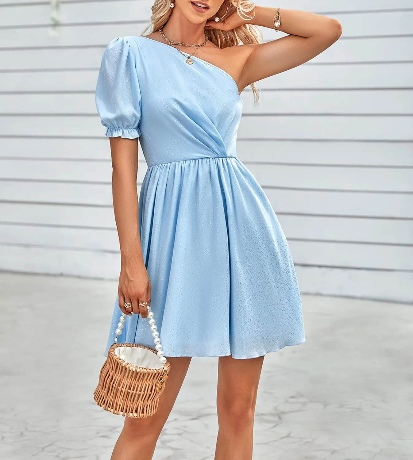 One Shoulder Spring Dress for Women Puff Sleeve Polka Dot A-Line Ruffle Flowy Hem Mini Dress Summer Beach Party Dresses
