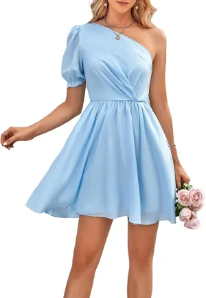One Shoulder Spring Dress for Women Puff Sleeve Polka Dot A-Line Ruffle Flowy Hem Mini Dress Summer Beach Party Dresses