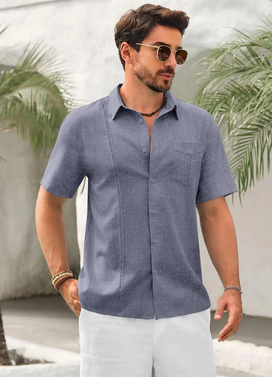 Runcati Mens Cuban Guayabera Shirts Button Down Short Sleeve Shirt Casual Linen Summer Beach Vacation Hippie Tops