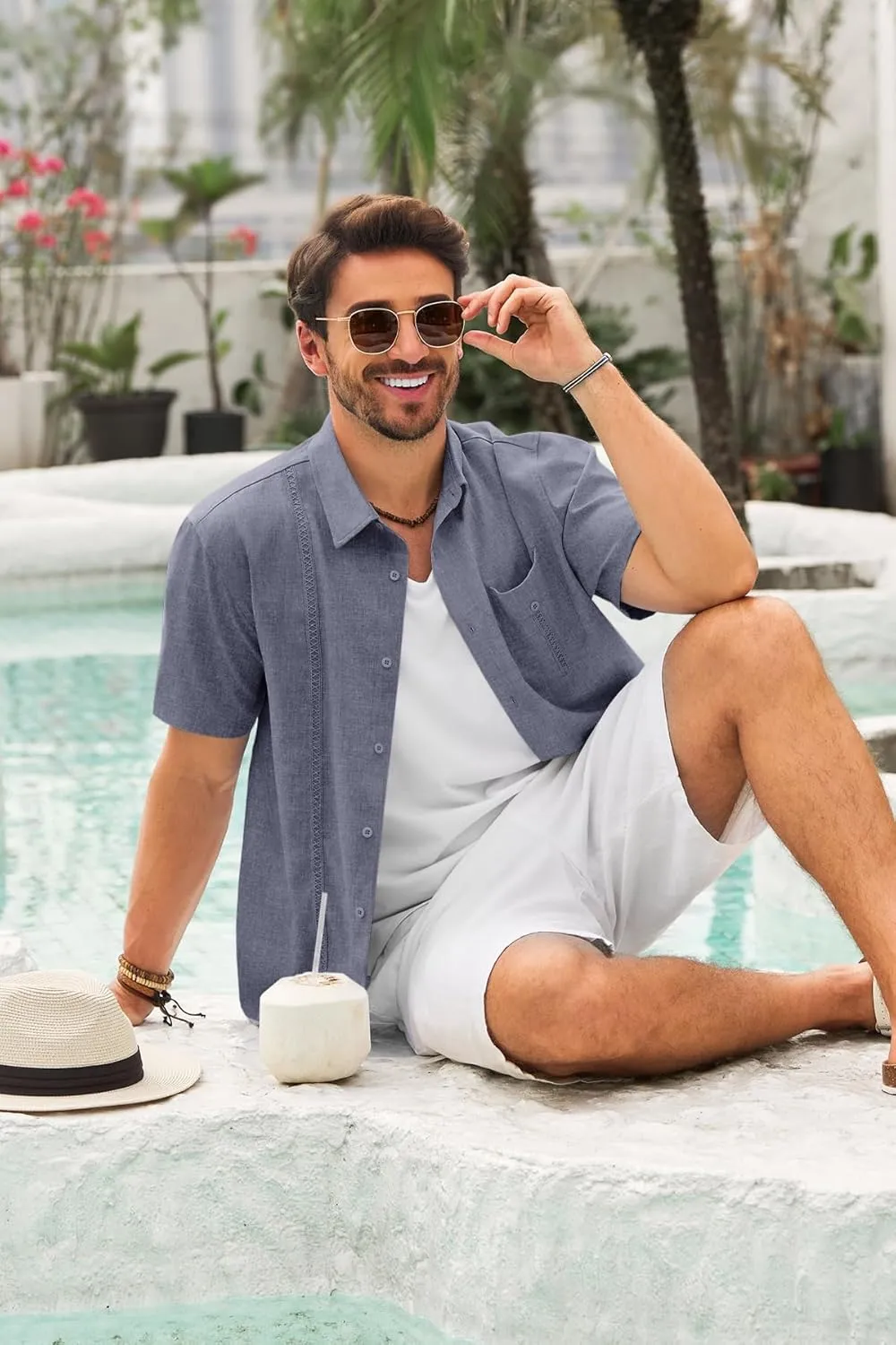 Runcati Mens Cuban Guayabera Shirts Button Down Short Sleeve Shirt Casual Linen Summer Beach Vacation Hippie Tops