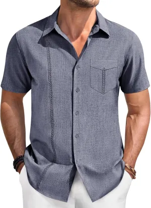 Runcati Mens Cuban Guayabera Shirts Button Down Short Sleeve Shirt Casual Linen Summer Beach Vacation Hippie Tops