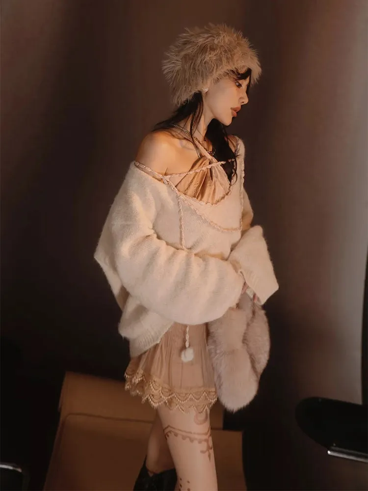 Satin Layered Loose Fluffiy Knit＆Camisole【s0000004026】