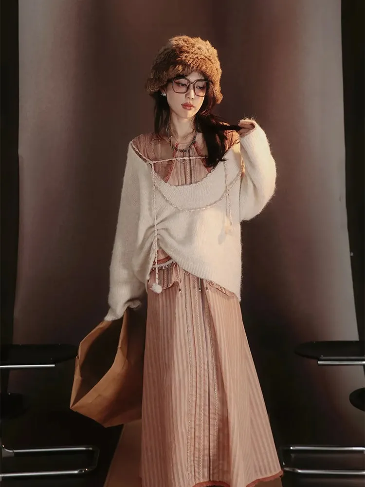 Satin Layered Loose Fluffiy Knit＆Camisole【s0000004026】