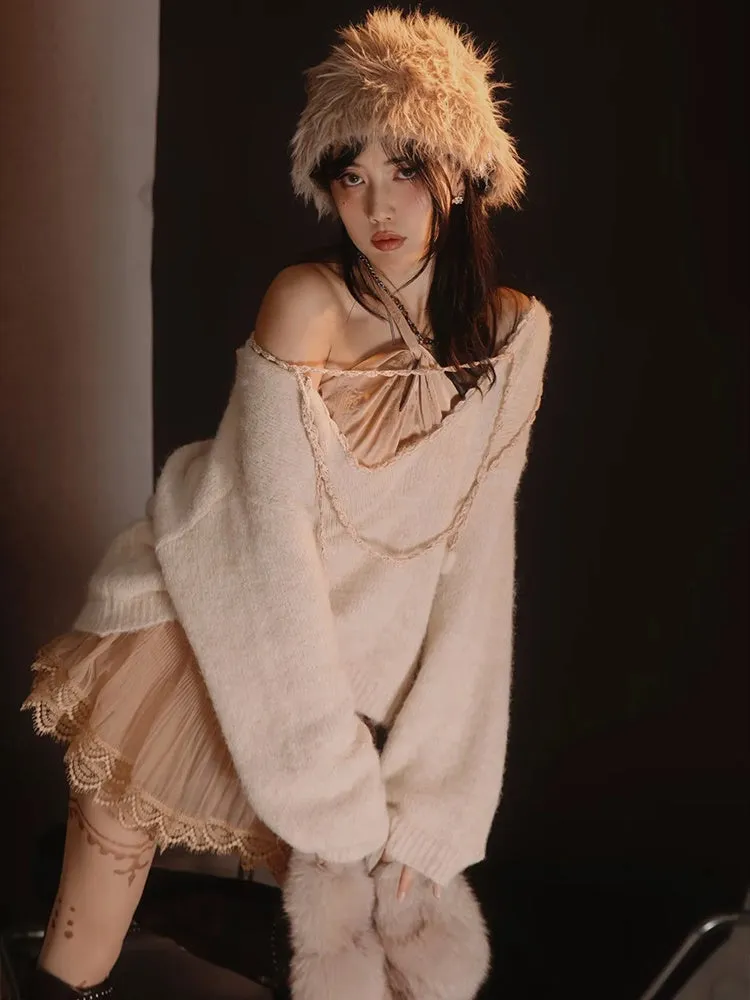 Satin Layered Loose Fluffiy Knit＆Camisole【s0000004026】