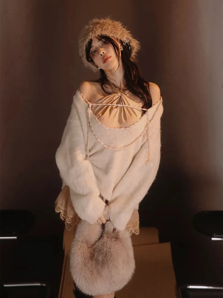 Satin Layered Loose Fluffiy Knit＆Camisole【s0000004026】