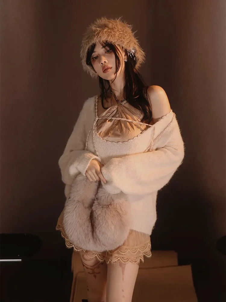 Satin Layered Loose Fluffiy Knit＆Camisole【s0000004026】