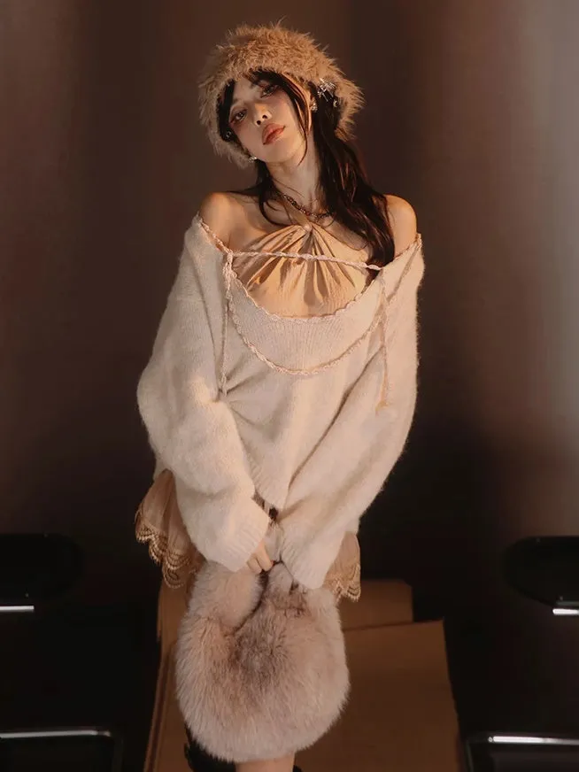 Satin Layered Loose Fluffiy Knit＆Camisole【s0000004026】