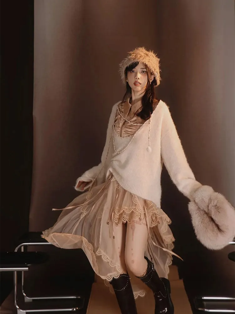 Satin Layered Loose Fluffiy Knit＆Camisole【s0000004026】