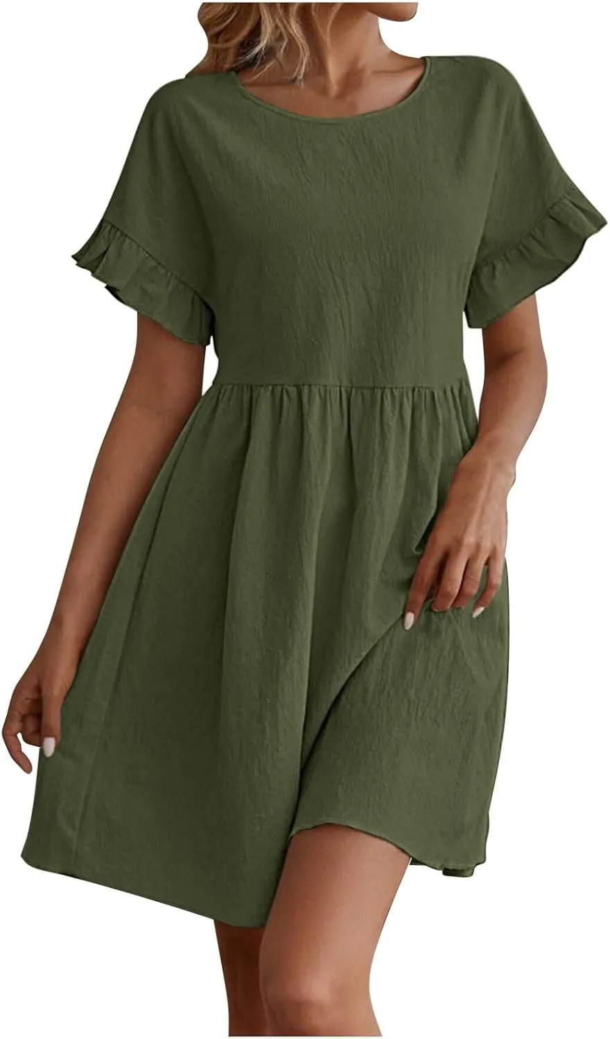 Summer Dresses for Women 2025 Crew Neck Ruffle Sleeve Cute Babydoll Mini Dress Pleated Swing A-Line Sundresses