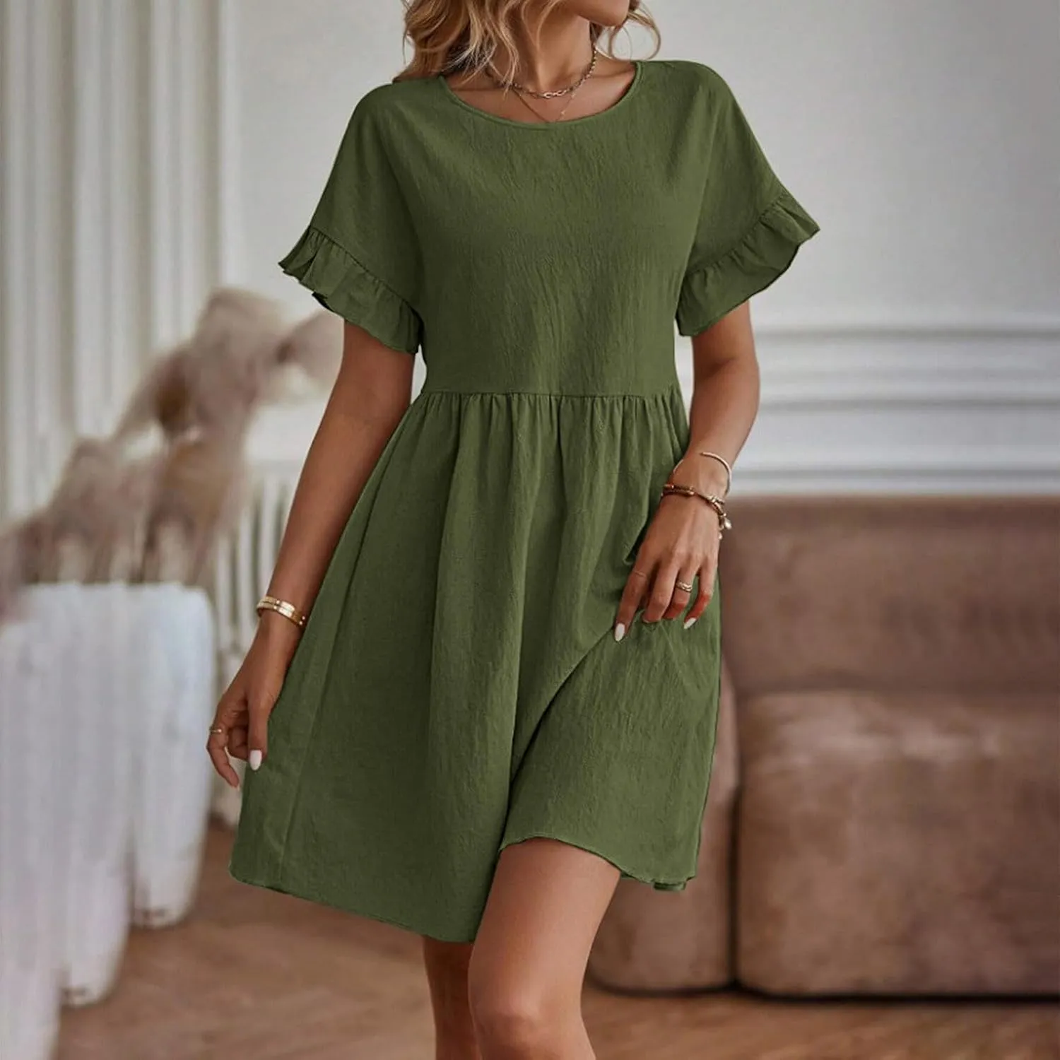 Summer Dresses for Women 2025 Crew Neck Ruffle Sleeve Cute Babydoll Mini Dress Pleated Swing A-Line Sundresses