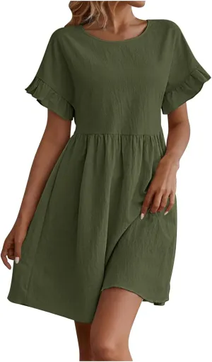 Summer Dresses for Women 2025 Crew Neck Ruffle Sleeve Cute Babydoll Mini Dress Pleated Swing A-Line Sundresses