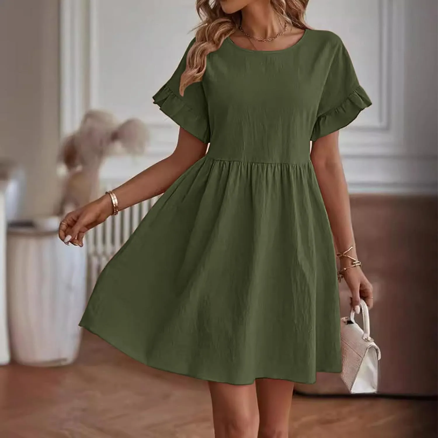 Summer Dresses for Women 2025 Crew Neck Ruffle Sleeve Cute Babydoll Mini Dress Pleated Swing A-Line Sundresses