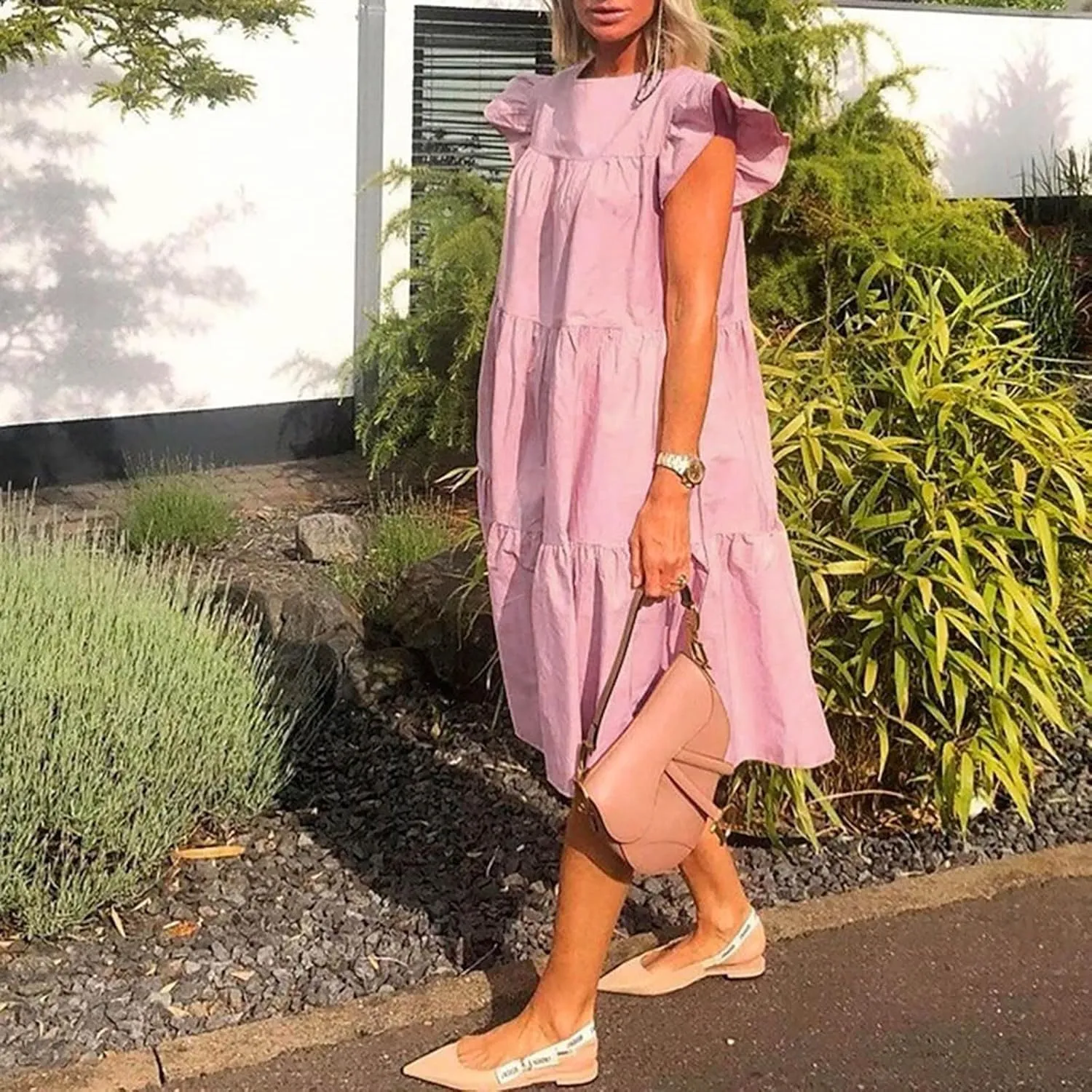 Summer Dresses for Women 2025,Women 's Plus Size Flowy Mini Dress Crew Neck Ruffle Short Sleeve Tiered Flowy Dresses