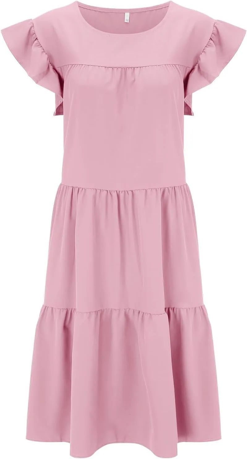 Summer Dresses for Women 2025,Women 's Plus Size Flowy Mini Dress Crew Neck Ruffle Short Sleeve Tiered Flowy Dresses