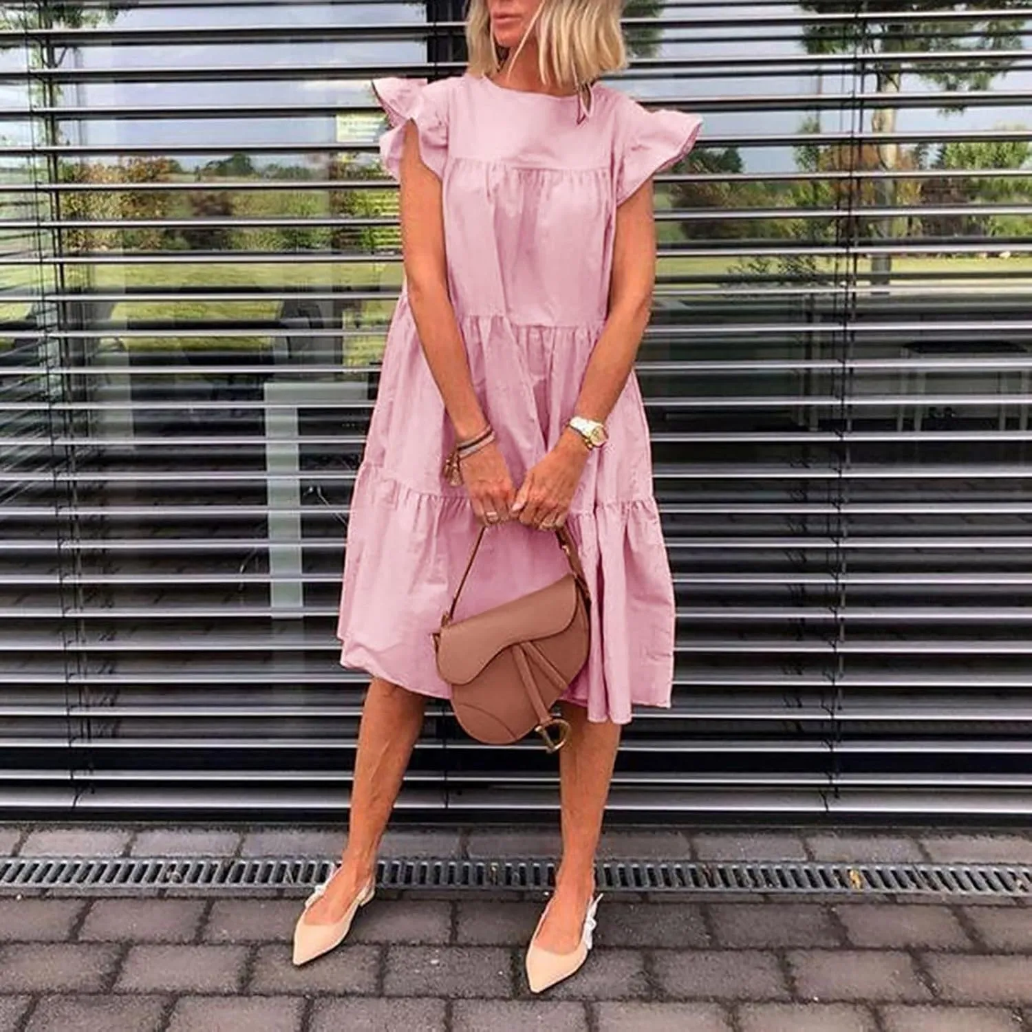 Summer Dresses for Women 2025,Women 's Plus Size Flowy Mini Dress Crew Neck Ruffle Short Sleeve Tiered Flowy Dresses