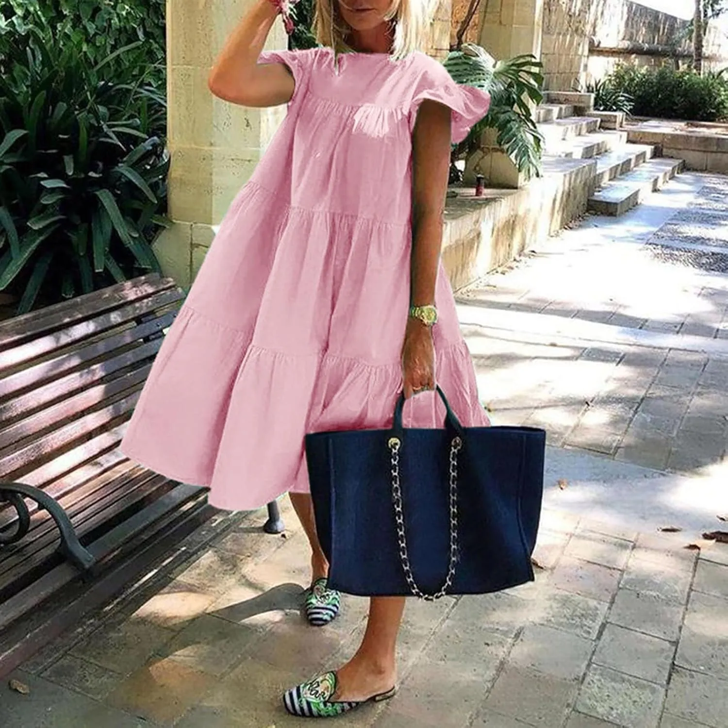 Summer Dresses for Women 2025,Women 's Plus Size Flowy Mini Dress Crew Neck Ruffle Short Sleeve Tiered Flowy Dresses