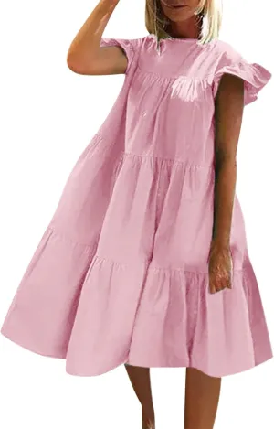 Summer Dresses for Women 2025,Women 's Plus Size Flowy Mini Dress Crew Neck Ruffle Short Sleeve Tiered Flowy Dresses