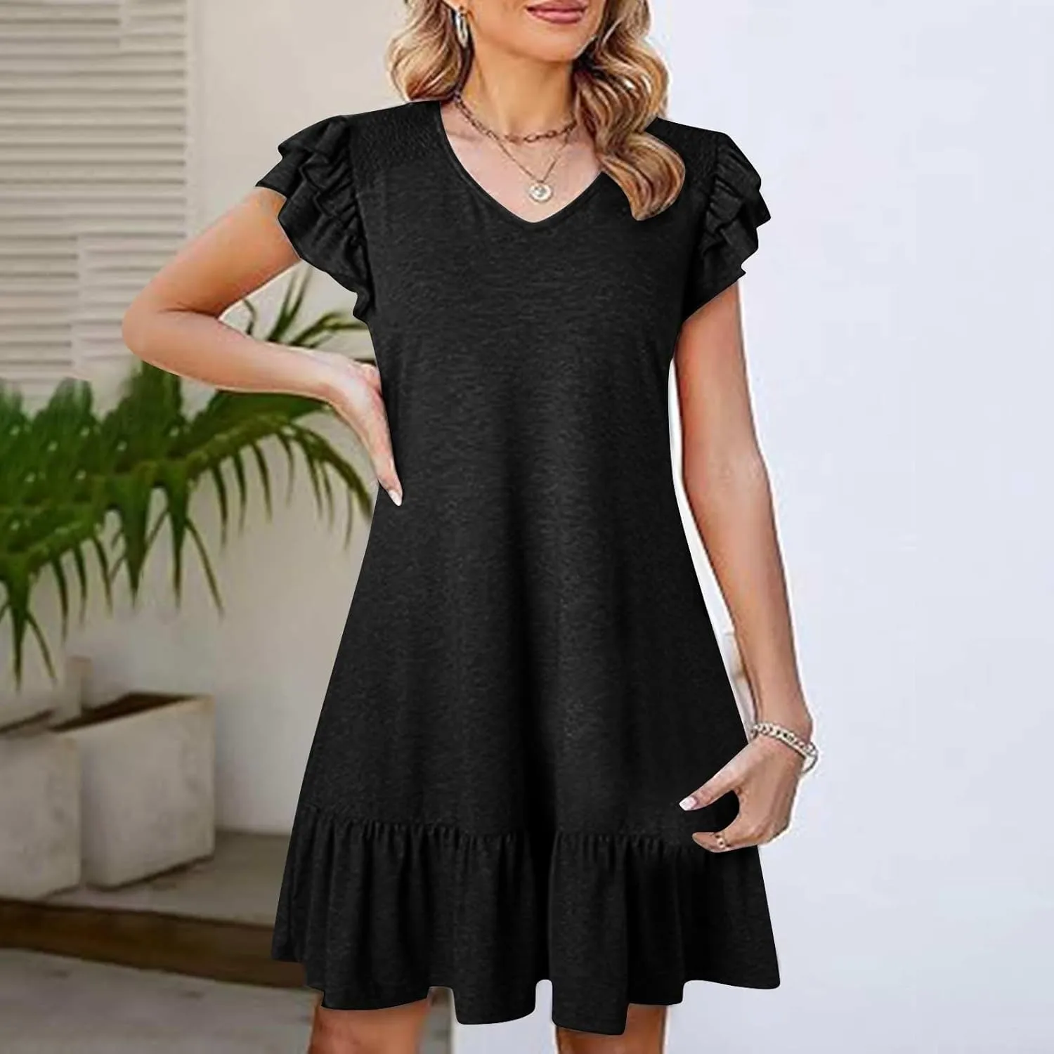 Summer Dresses for Women Trendy Ruffle Pleated Short Sleeve V-Neck T-Shirt Dress Beach Vacation Mini Dress