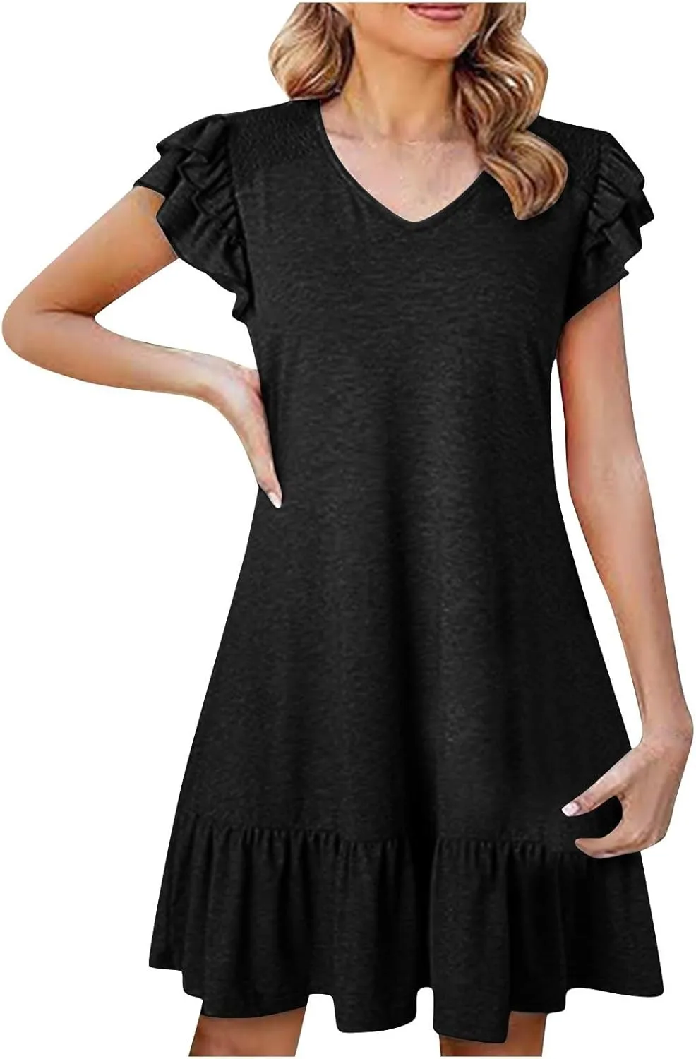 Summer Dresses for Women Trendy Ruffle Pleated Short Sleeve V-Neck T-Shirt Dress Beach Vacation Mini Dress