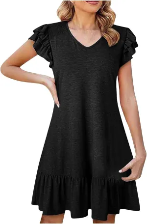 Summer Dresses for Women Trendy Ruffle Pleated Short Sleeve V-Neck T-Shirt Dress Beach Vacation Mini Dress