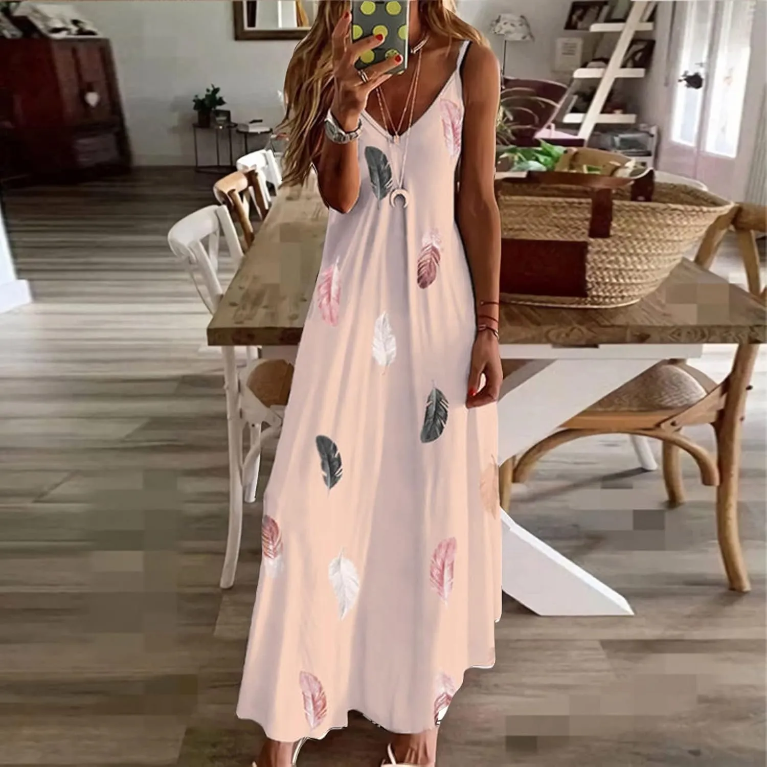 Sundresses for Women 2025 Summer Maxi Dresses Spaghetti Strap Floral Dress V Neck Flowy Boho Beach Vacation Clothes