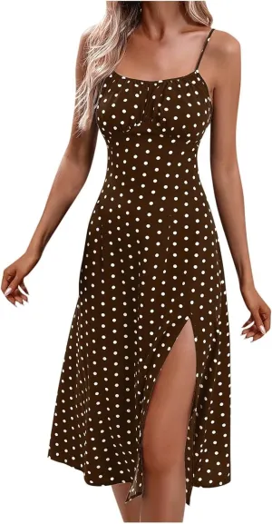 Sundresses for Women 2025 Summer Polka Dot Slit Midi Dress Sleeveless Spaghetti Strap Dresses Beach Vacation Dress