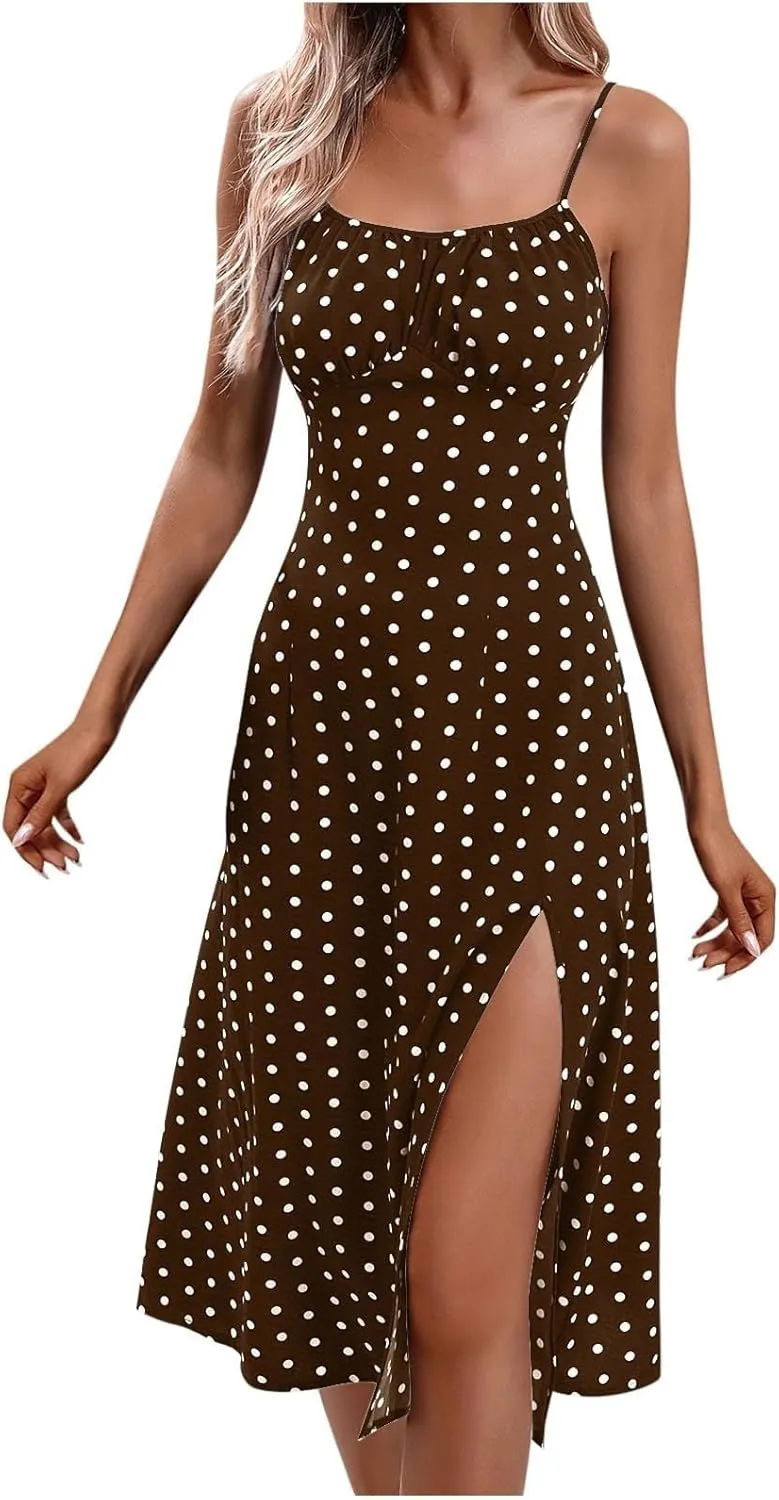 Sundresses for Women 2025 Summer Polka Dot Slit Midi Dress Sleeveless Spaghetti Strap Dresses Beach Vacation Dress