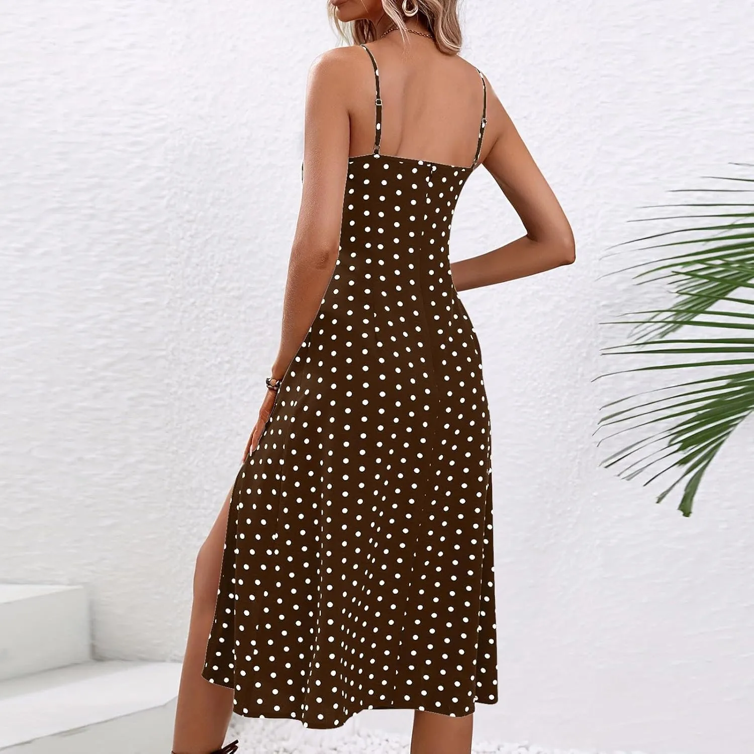 Sundresses for Women 2025 Summer Polka Dot Slit Midi Dress Sleeveless Spaghetti Strap Dresses Beach Vacation Dress