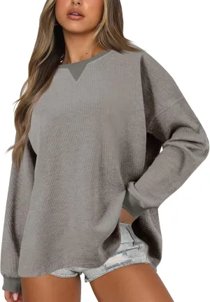 Sweatshirt for Women Loose Waffle Crew Neck Long Sleeve Pullover Tops Soft Oversized Workout Shirts Fall Clothes
