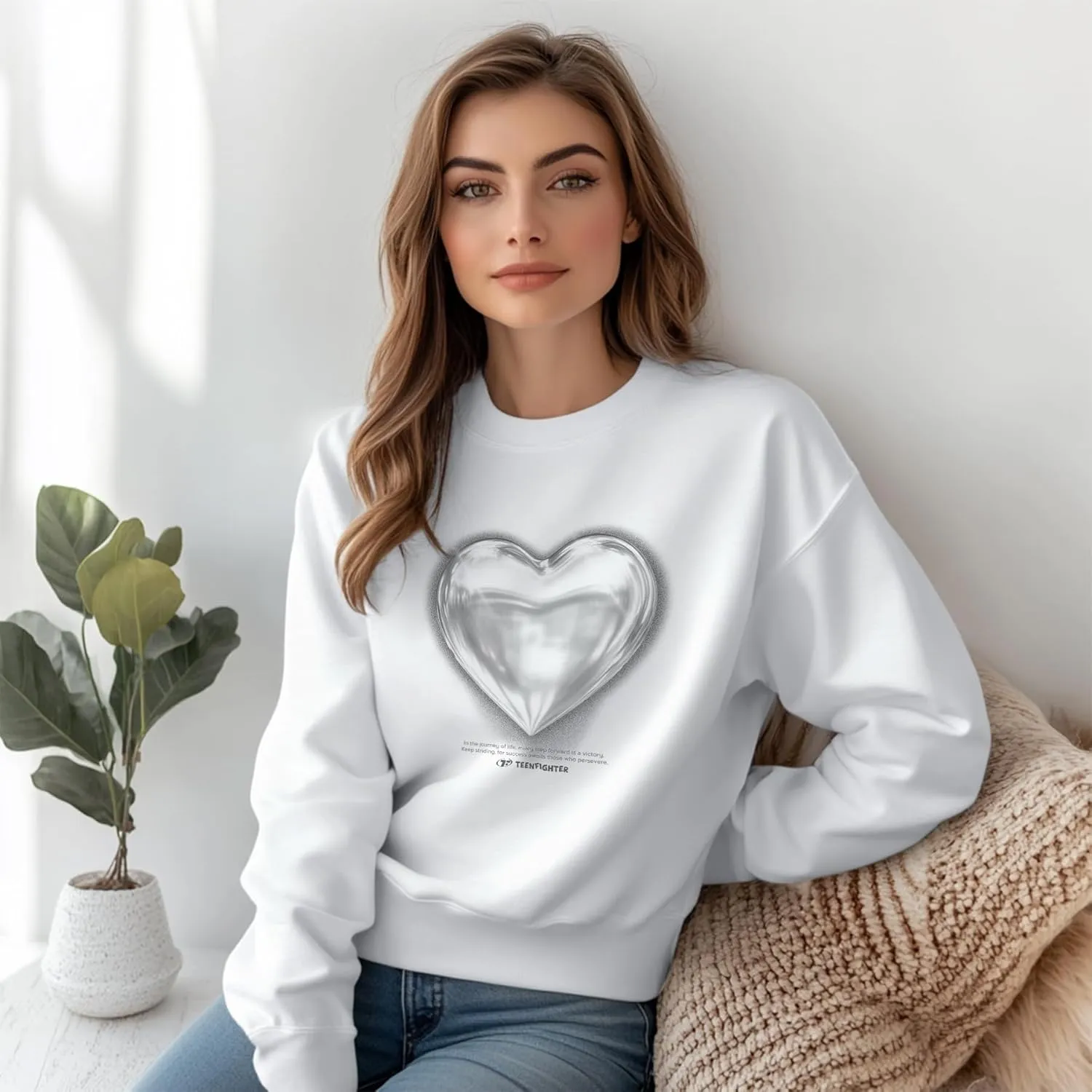 TeenFighter Loose fit Soft Velvet Lining Crewneck Graphic Sweatshirt for Women - Girls Fleece Lined Pullover Shirts