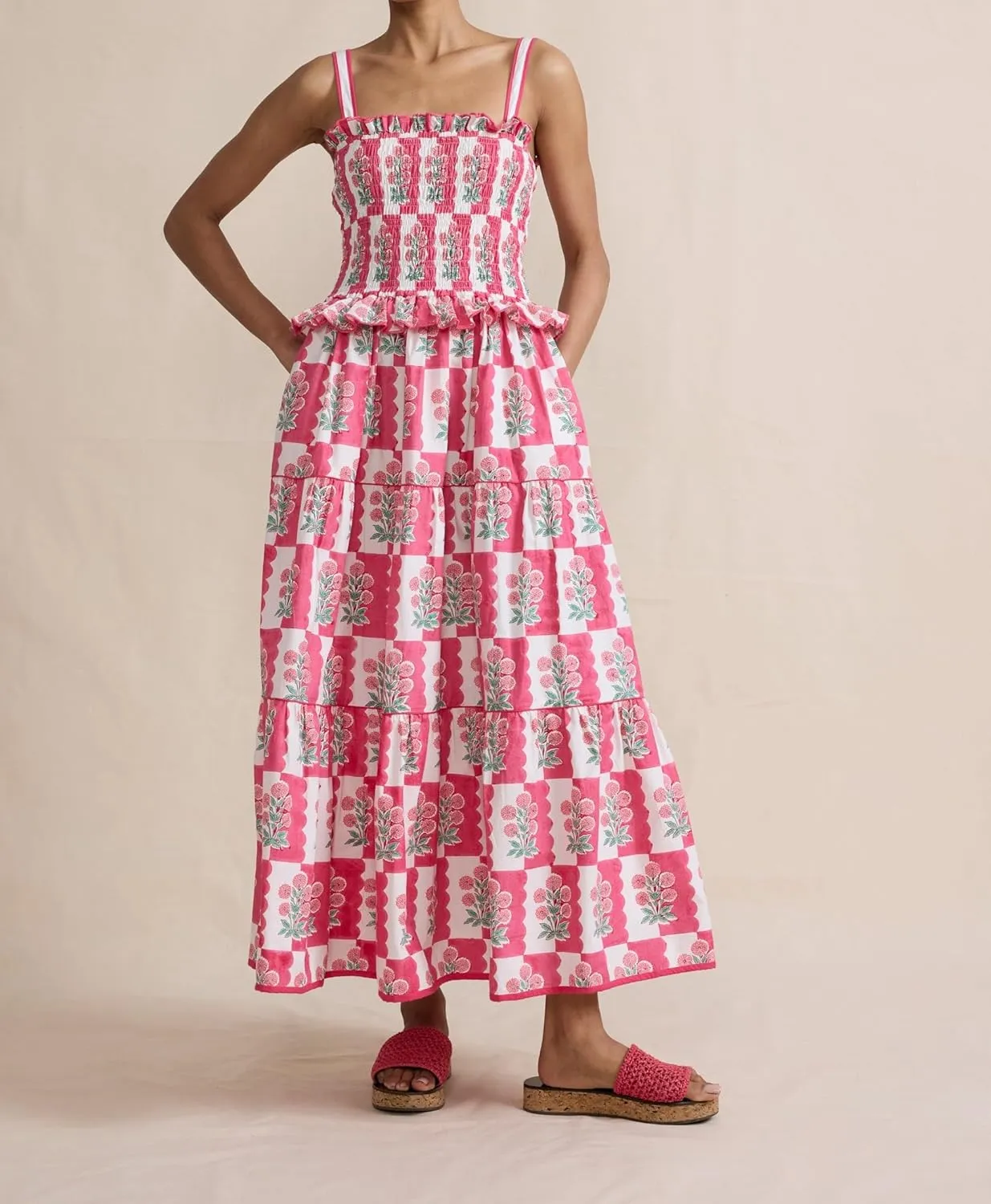 UAURORAO Women Floral Smocked Maxi Dress Frill Ruffle Tiered Flower Long Dresses Boho Flowy Vacation Beach Sundresses