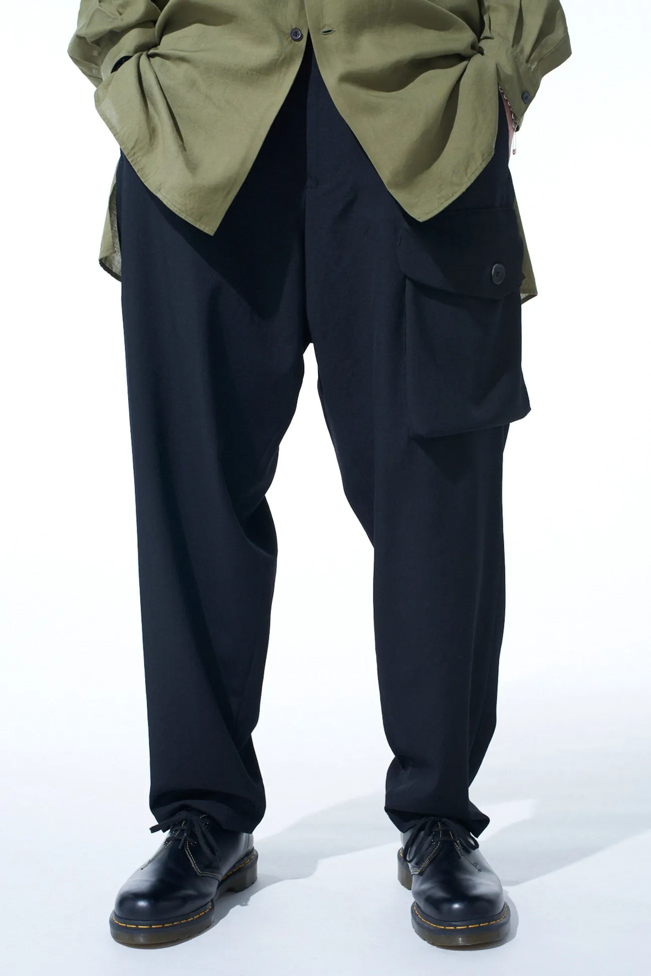 WASHER WOOL GABARDINE WAIST-STRING POCKET PANTS
