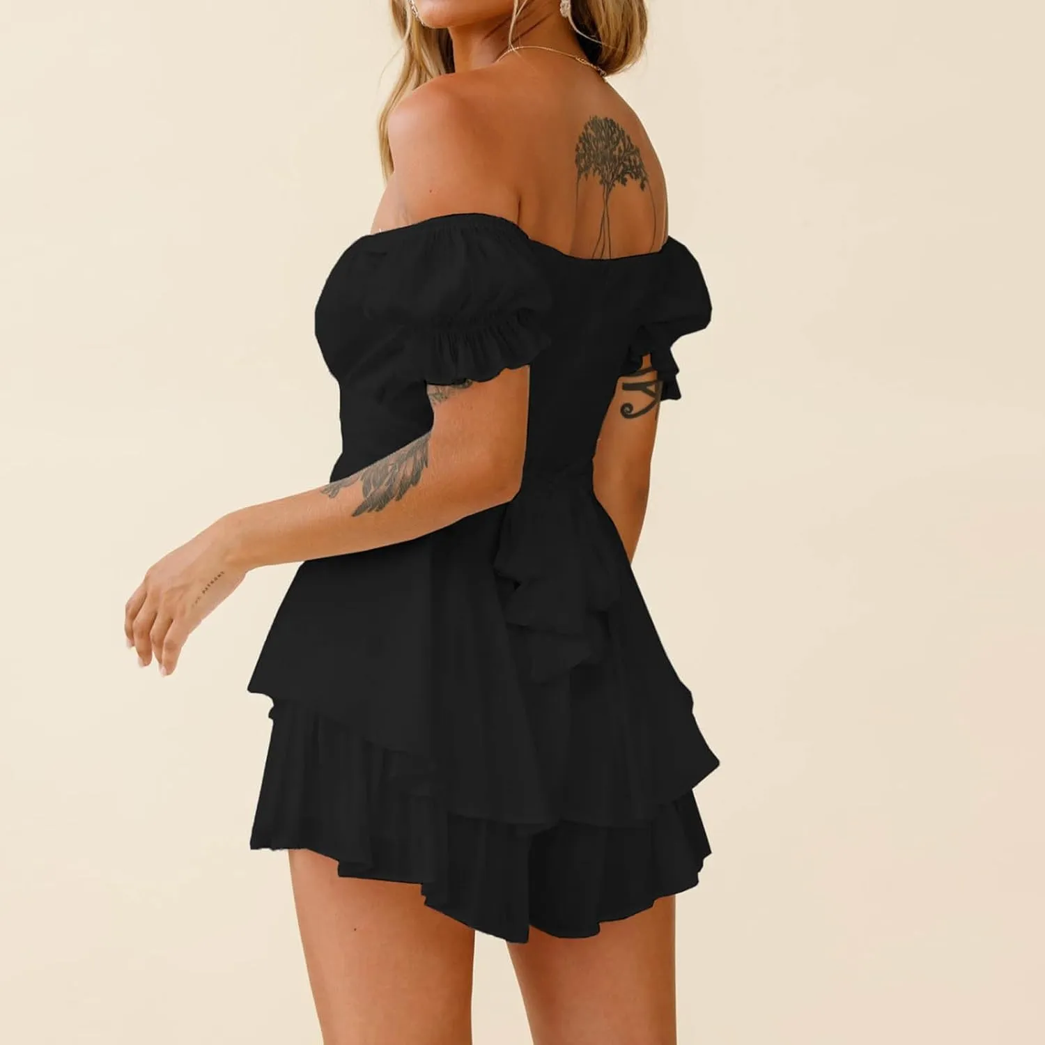 Women Off The Shoulder Mini Dresses Sexy Strapless Ruffle Hem Flowy Sundress Hawaiian Beach Vacation Dresses Fairy Dresses