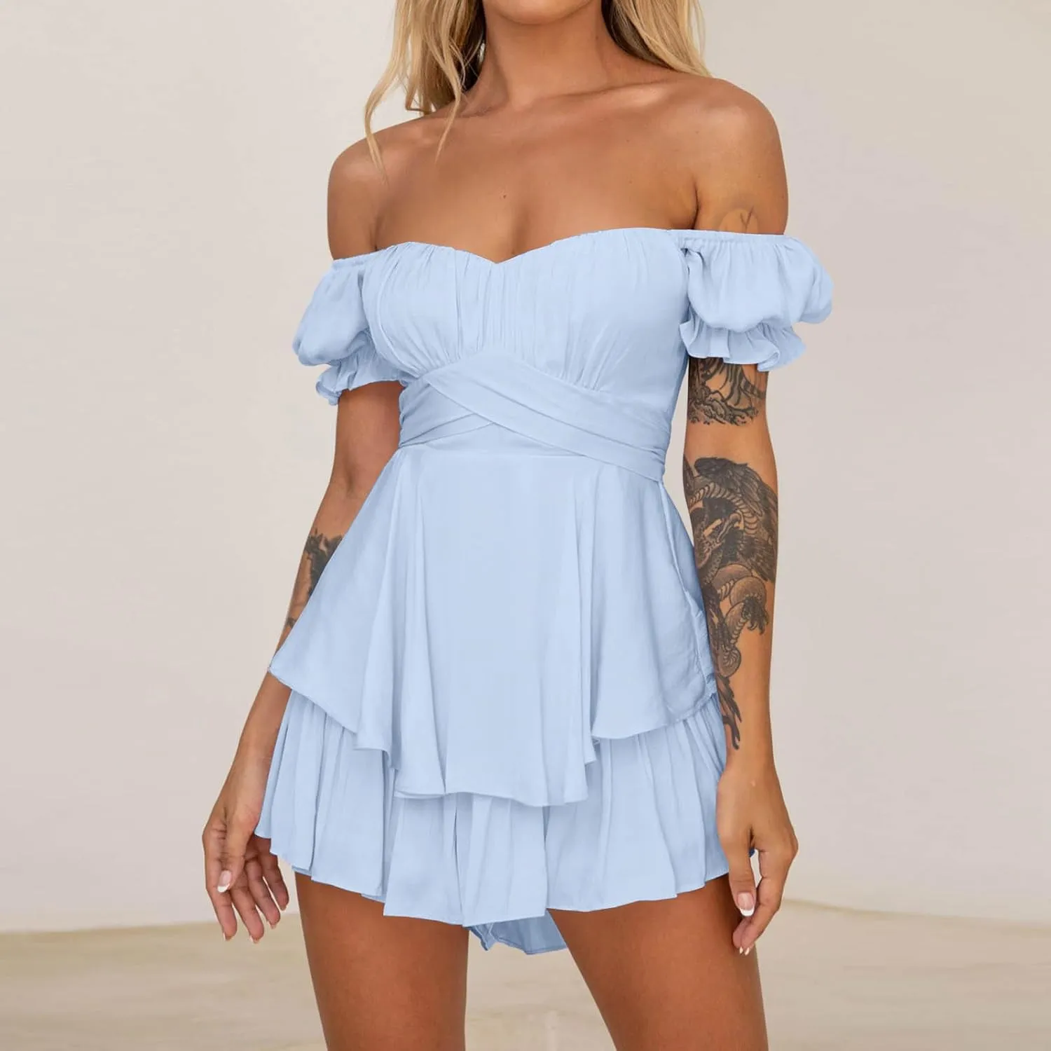 Women Off The Shoulder Mini Dresses Sexy Strapless Ruffle Hem Flowy Sundress Hawaiian Beach Vacation Dresses Fairy Dresses