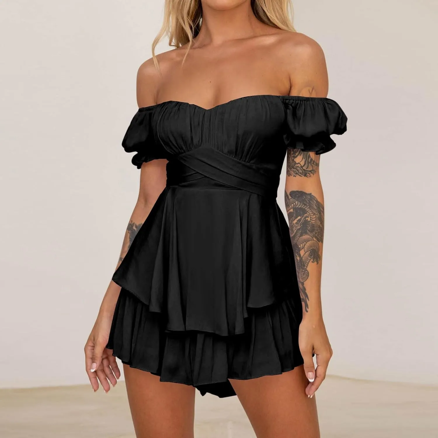 Women Off The Shoulder Mini Dresses Sexy Strapless Ruffle Hem Flowy Sundress Hawaiian Beach Vacation Dresses Fairy Dresses