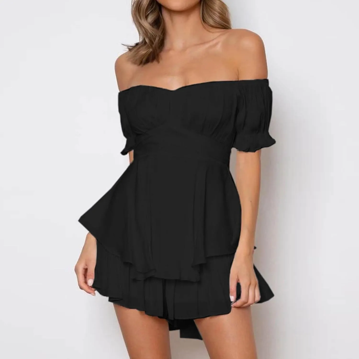 Women Off The Shoulder Mini Dresses Sexy Strapless Ruffle Hem Flowy Sundress Hawaiian Beach Vacation Dresses Fairy Dresses